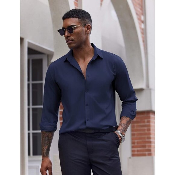 Coofandy Men Solid Navy Blue Long Sleeve Button Down Regular Fit Business Shirt - Picture 4 of 6